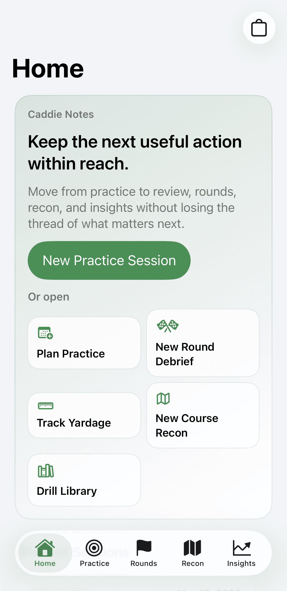 Home screen showing the current action hub for practice, rounds, yardage, recon, and drill library