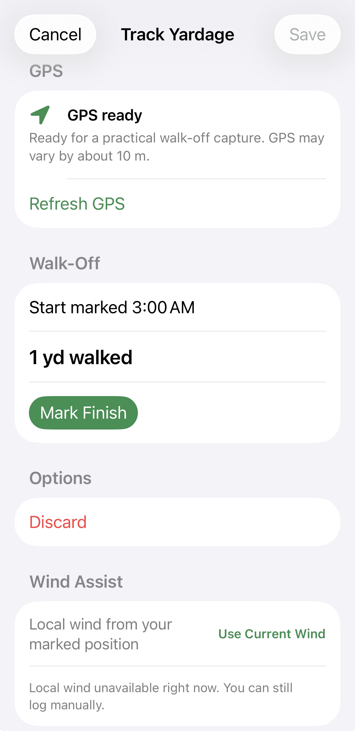 Track Yardage screen showing GPS readiness, walk-off capture, and wind assist