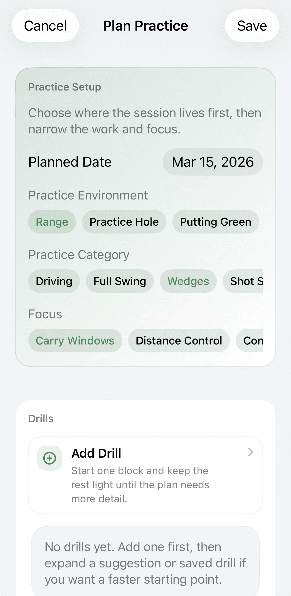 Plan Practice screen showing structured setup with environment, category, focus, and drills