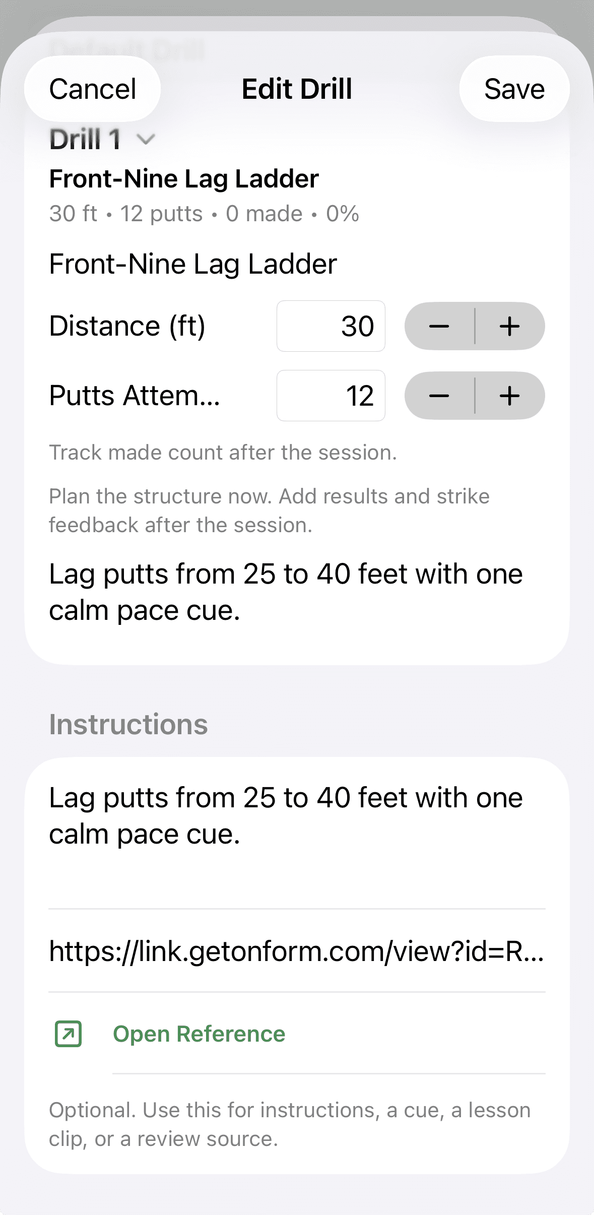 Edit Drill screen showing putting drill detail and a reference link