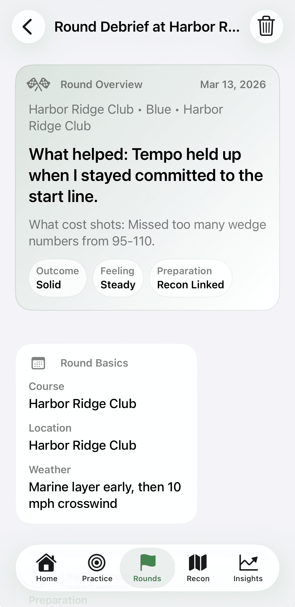 Round debrief overview showing summary, outcome, feeling, and preparation chips