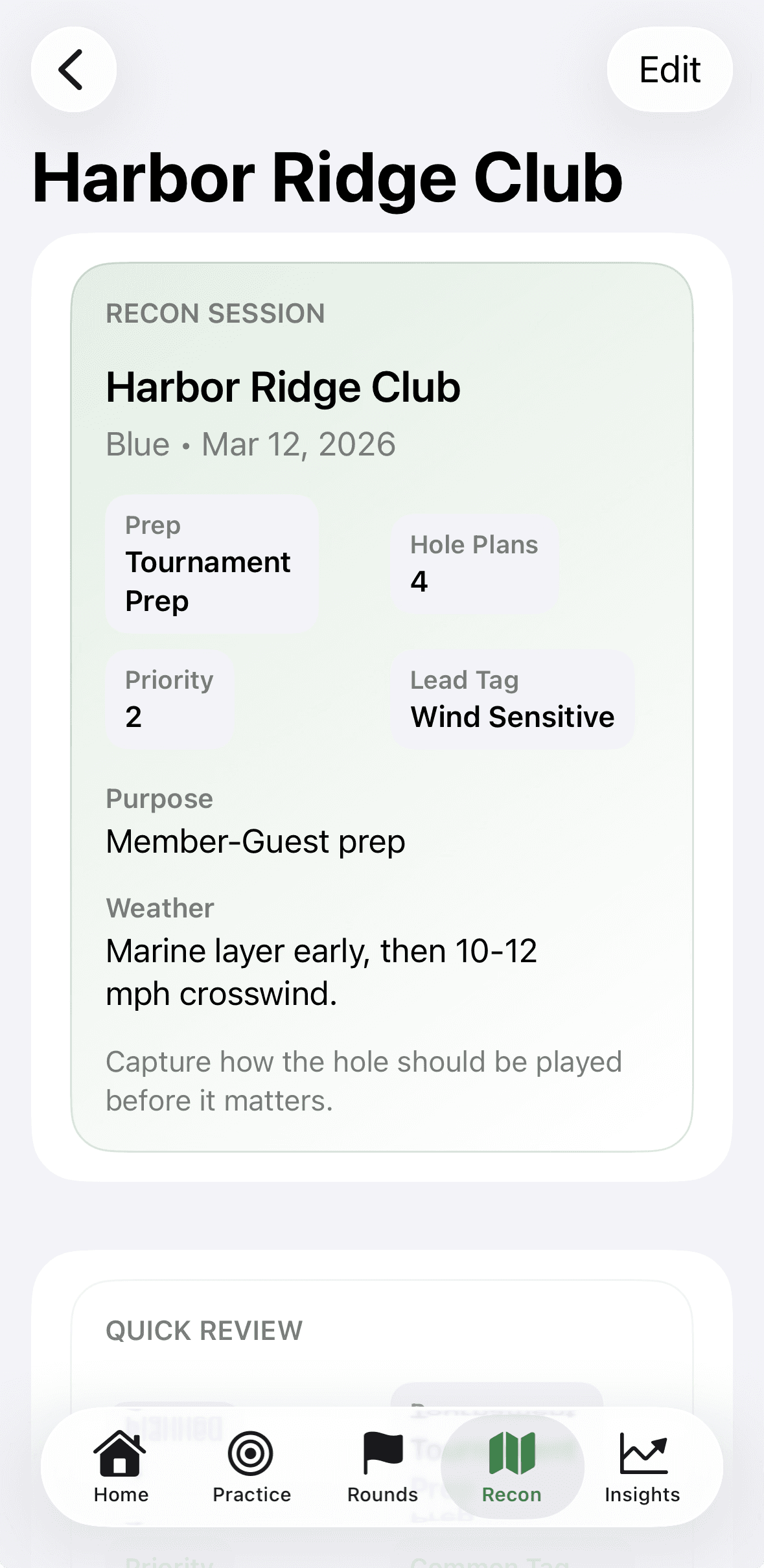 Recon session summary showing prep type, hole plans, priority count, and lead tag