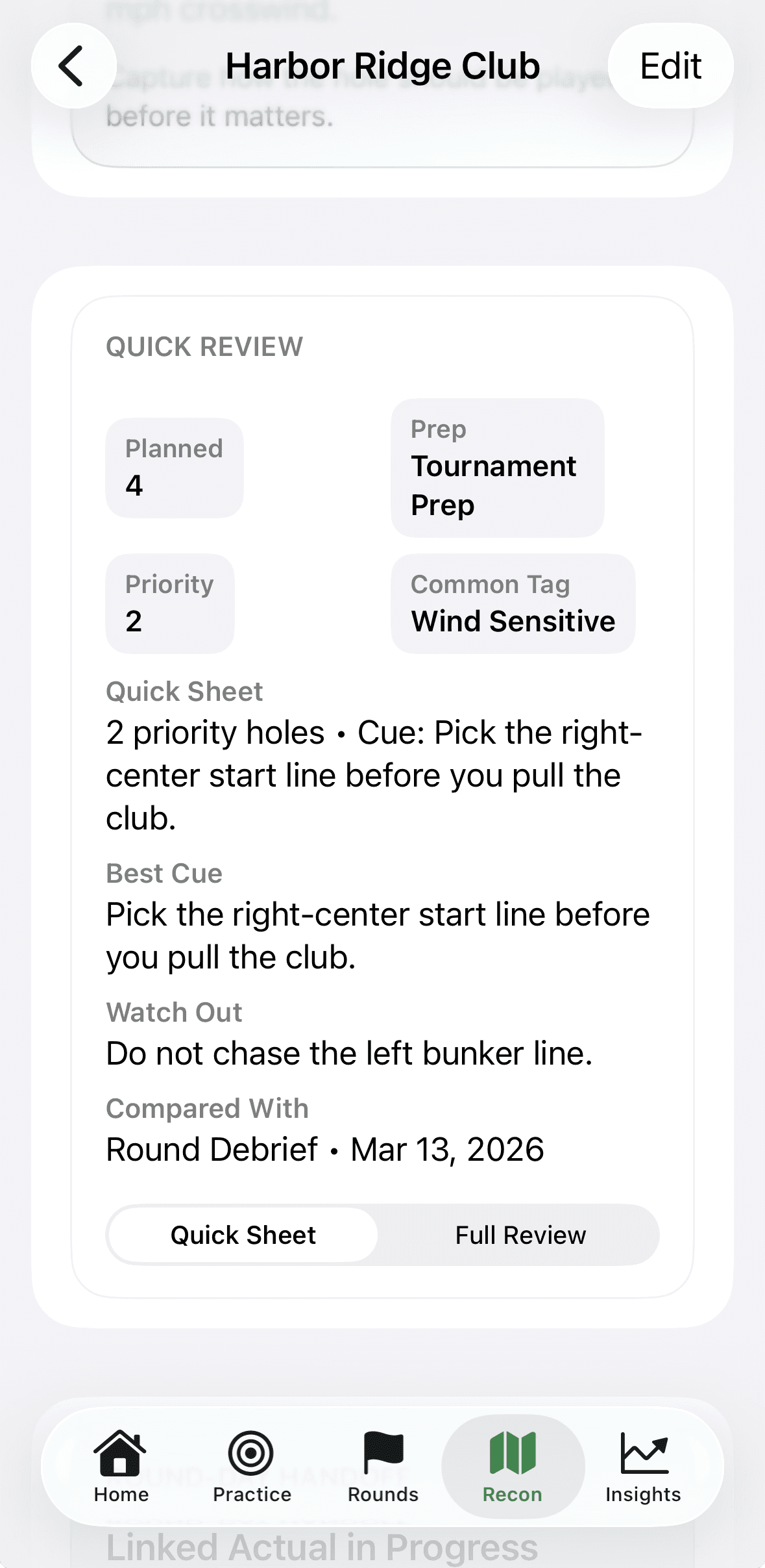 Recon quick review screen showing quick sheet and best cue summary