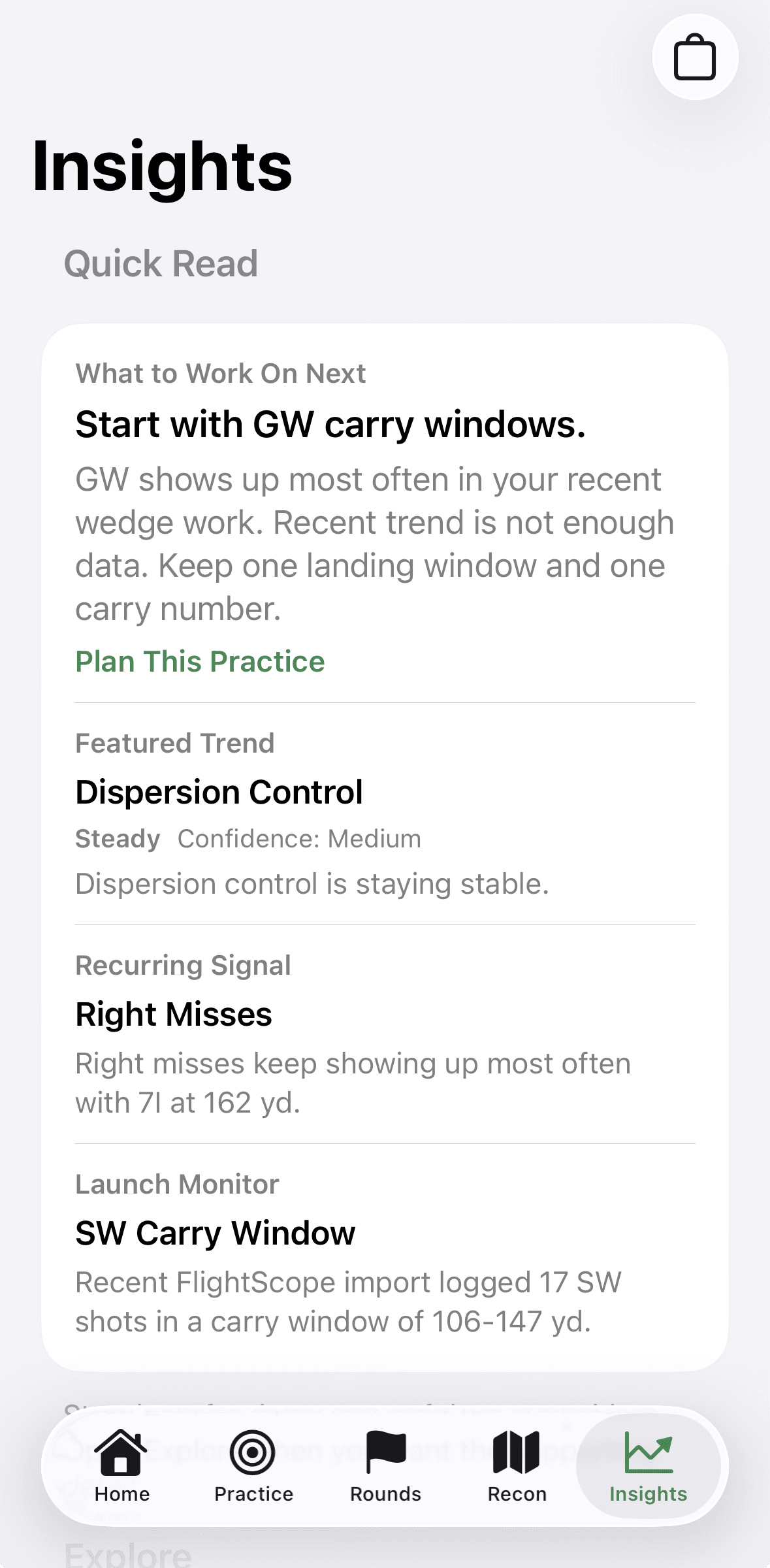 Insights screen showing quick read, featured trend, recurring signal, and launch monitor cue