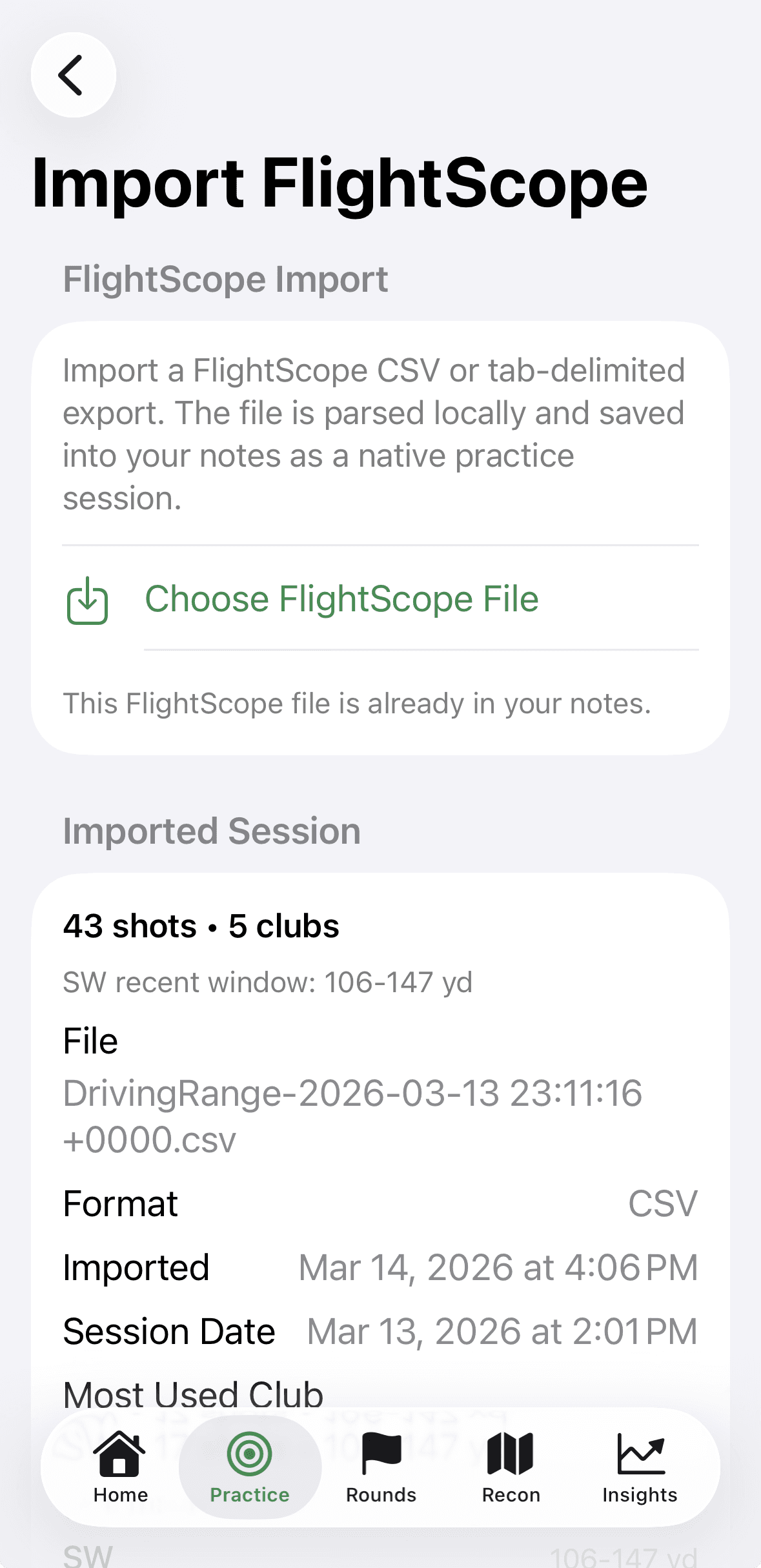 FlightScope import screen showing local file import and imported session summary