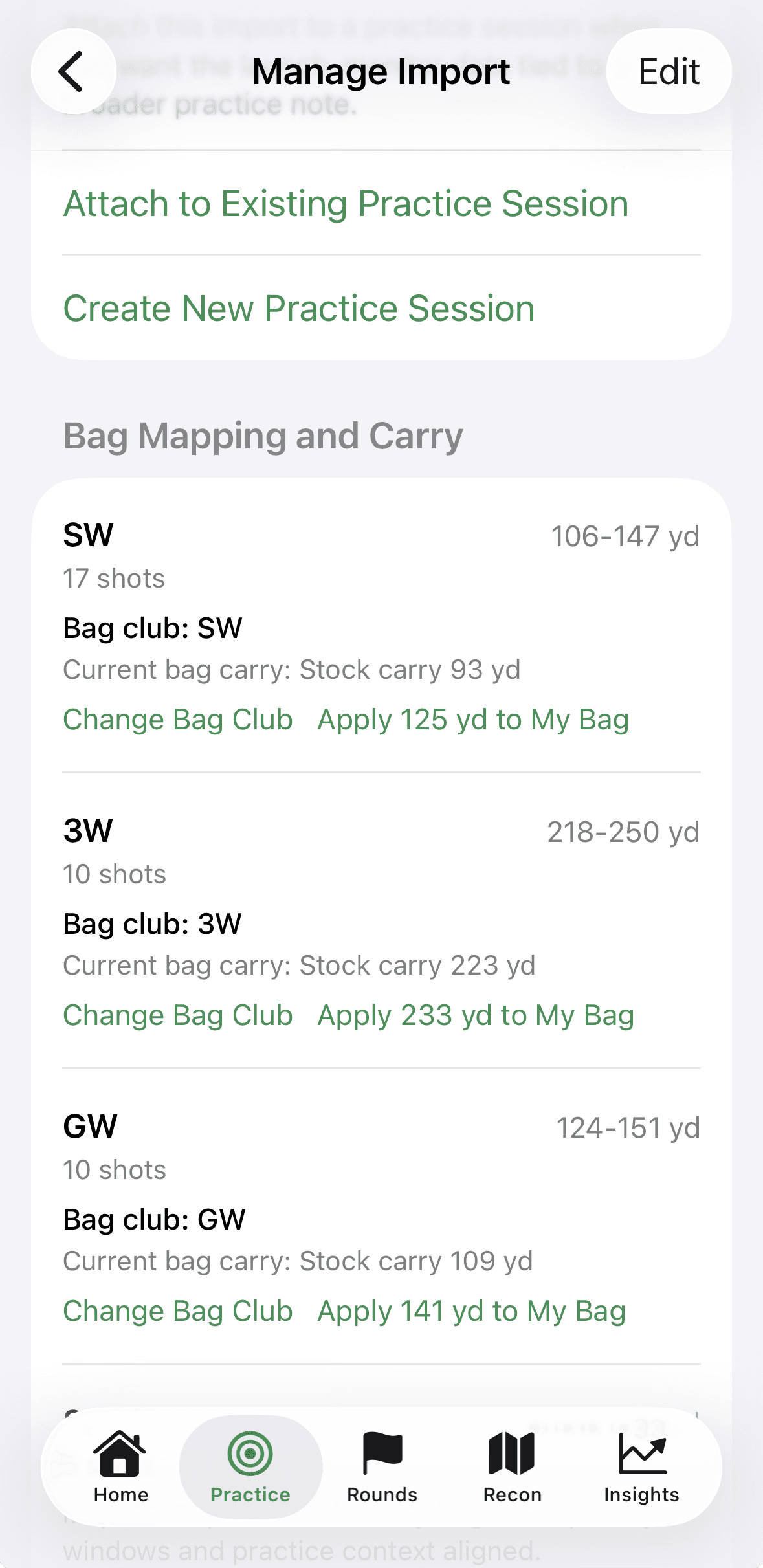 Manage Import screen showing bag mapping and carry application actions